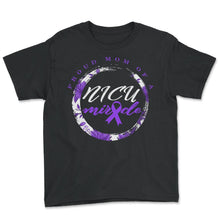 Load image into Gallery viewer, Preemie Mom Shirt, Proud Mom Of A NICU Miracle Purple Ribbon Tee, - Youth Tee - Black
