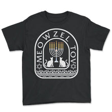 Load image into Gallery viewer, Hanukkah Shirt, Meowzel Tov Hanukkah Decoration Tee, Cat Owner Lover - Youth Tee - Black

