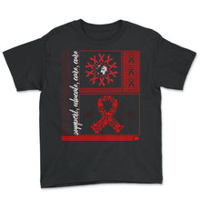 Load image into Gallery viewer, Word HIV AIDS Day Shirt, Support Educate Care Cure Red Ribbon Tee, - Youth Tee - Black
