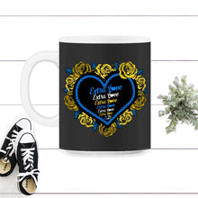 Load image into Gallery viewer, Down Syndrome Awareness Month, Extra Love 3.21 Flower Heart, Down - 11oz Mug - Black on White
