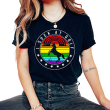 Load image into Gallery viewer, Golf Shirt, I Suck At Golf Unicorn Rainbow Retro Tee, Golf Lover, - Unisex T-Shirt - Black
