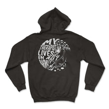 Load image into Gallery viewer, Horse Shirt, My Therapist Lives In A Barn Tee, Horseback Rider Riding - Hoodie - Black
