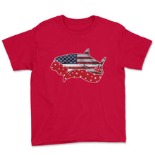 Load image into Gallery viewer, 4th Of July Shirt, Shark America Flag Fishing Diving Jawsome - Youth Tee - Red
