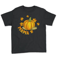 Load image into Gallery viewer, Halloween Thanksgiving Shirt, Mama Pumpkin Pregnancy Announcement Tee - Youth Tee - Black
