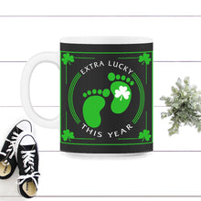 Load image into Gallery viewer, St. Patricks Day Shirt, Extra Lucky This Year, Irish Lucky St. Pattys - 11oz Mug - Black on White
