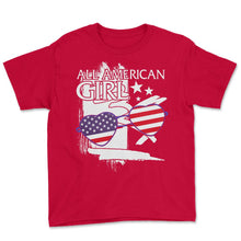 Load image into Gallery viewer, 4th Of July Shirt, All American Girl Flag Heart Sunglasses - Youth Tee - Red
