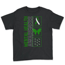 Load image into Gallery viewer, Mental Health Awareness Shirt, Butterfly Green Ribbon Tee, Mental - Youth Tee - Black
