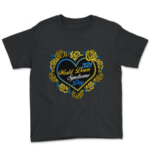 Load image into Gallery viewer, World Down Syndrome Day Shirt, 321 Floral Heart Down Syndrome - Youth Tee - Black
