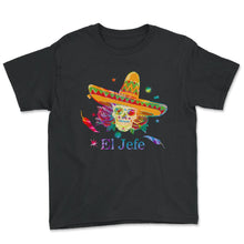 Load image into Gallery viewer, El Jefe El Dia de Los Muertos Day of the Dead Sugar Skull Mexican Hat - Youth Tee - Black
