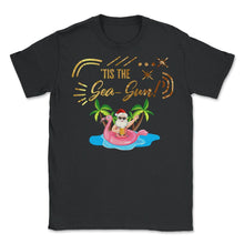 Load image into Gallery viewer, Christmas In July Shirt, 'Tis The Sea Sun Cute Santa Flamingo Float - Unisex T-Shirt - Black
