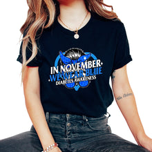 Load image into Gallery viewer, Diabetes Awareness Shirt, In November We Wear Blue Messy Bun Tee, - Unisex T-Shirt - Black
