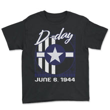 Load image into Gallery viewer, World War II Shirt, D-Day June 6, 1944 Tee, Normandy Invasion Stripes - Youth Tee - Black
