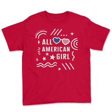 Load image into Gallery viewer, 4th Of July Shirt, All American Girl Flag Heart Sunglasses - Youth Tee - Red
