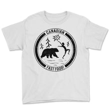 Load image into Gallery viewer, Camping Shirt, Canadian Fast Food Running Man Bear Forest Design Tee, - Youth Tee - White
