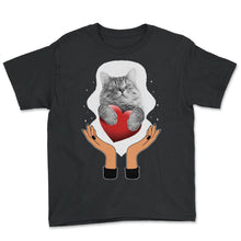 Load image into Gallery viewer, Cat Shirt, Sleeping Cat Hugging A Heart Cute Kitty Adoption Tee, Gift - Youth Tee - Black
