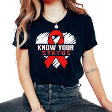 Load image into Gallery viewer, Word Aids Days Shirt, Know Your Status Red Ribbon Tee, HIV Aids - Unisex T-Shirt - Black
