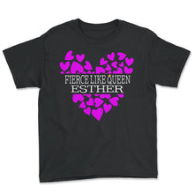 Load image into Gallery viewer, Purim Shirt, Fierce Like Queen Esther Heart Costume Tee, Hebrew - Youth Tee - Black
